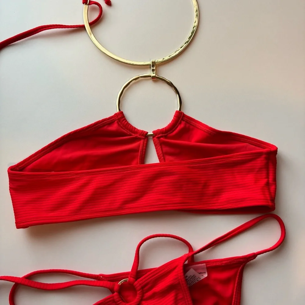New Beach Bunny Simone Bikini Set S Red Collar Top Luxe Swim Statement Glam - Picture 9 of 10